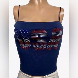 Navy USA Bling Rhinestones Crop Tank Top glam rally July 4th Flag patriotic M